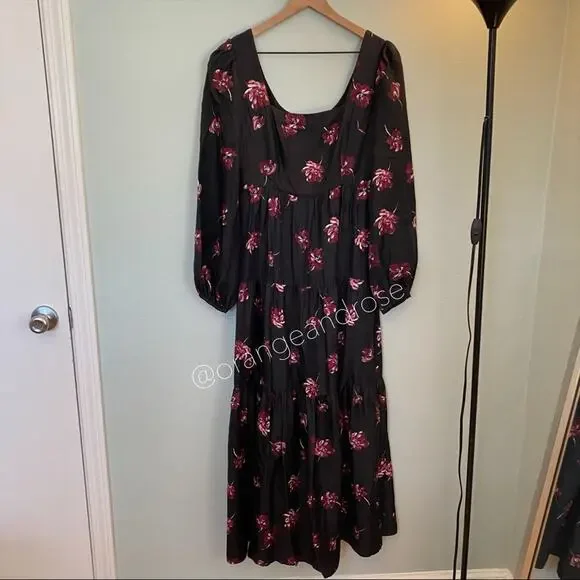 NICHOLAS Black Pink Floral Square Neck Long Balloon Sleeve Silk Maxi Dress 6 - Picture 14 of 14